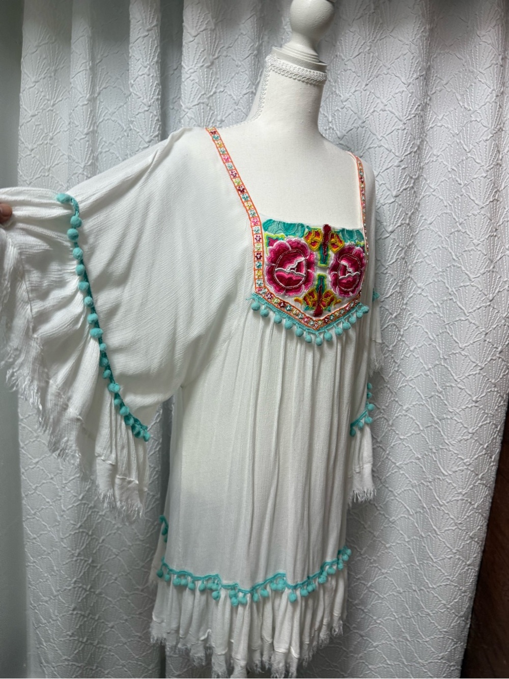 White Embroidered Boho Tunic Dress with Turquoise Trim - Picture 3 of 7